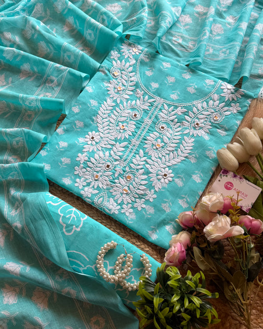 Phulkari Mirror Neck printed Cambric cotton suit set
