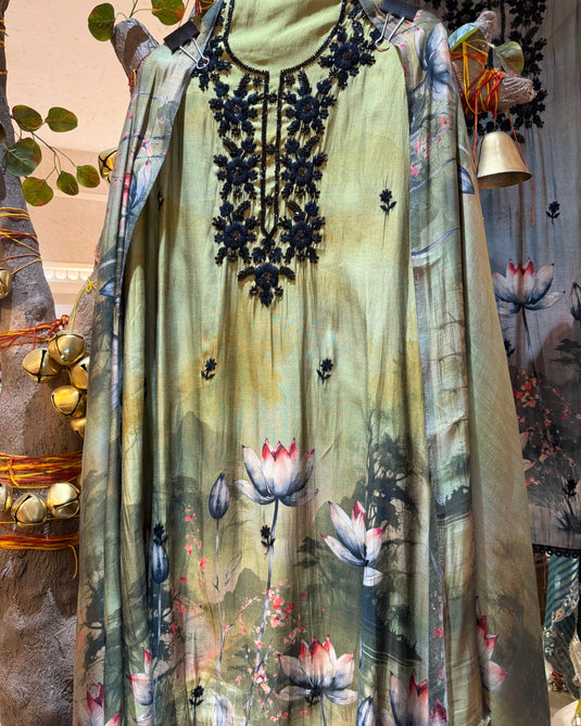 Muslin digital printed embroidered neck suit set