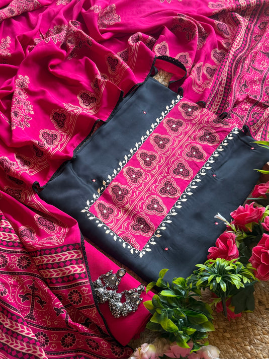 Ajrakh print modal silk black suit set