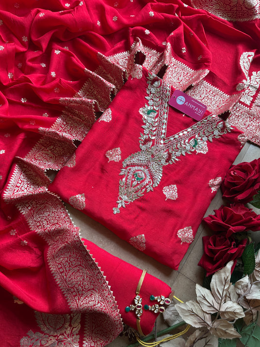 Pita work neck Banarasi dolla silk suit set