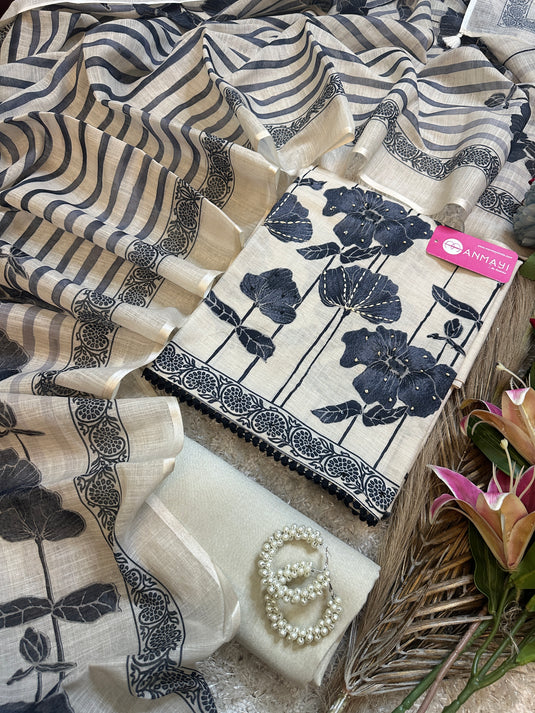 Pure linen beige black Kantha highlights suit