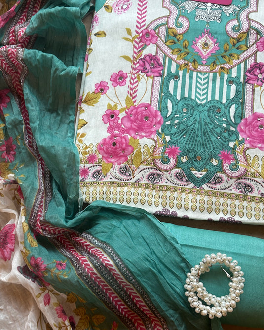 Pakistani style muslin cotton suit set with cotton dupatta