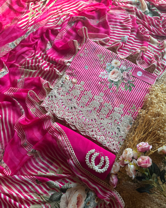 Digital floral stripes cotton suit set with muslin dupatta