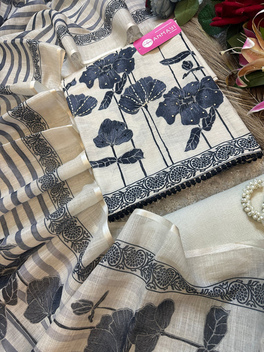 Pure linen beige black Kantha highlights suit