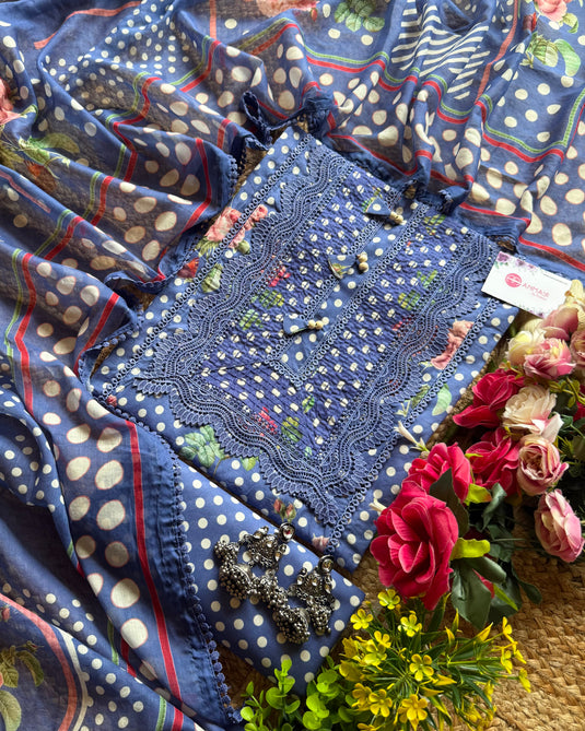 Digital flowers polka dots mul cotton Pakistani suit set
