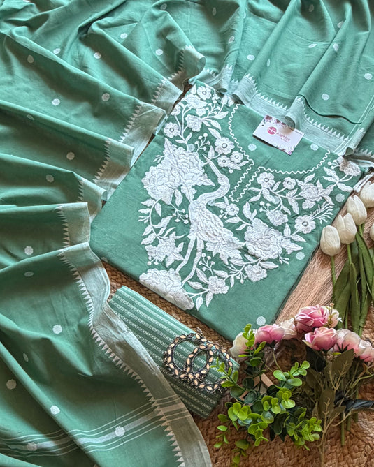 Soft Handloom swan thread work suit set