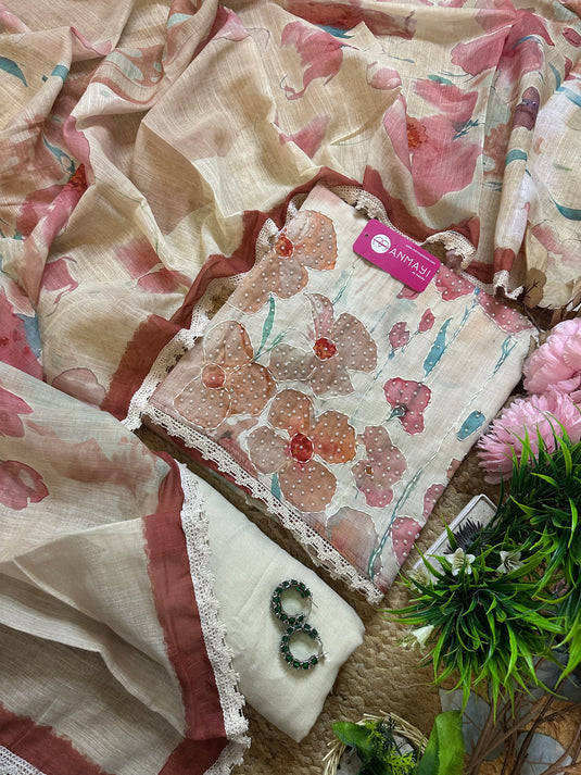 Linen cotton flow paint pearl work suit set