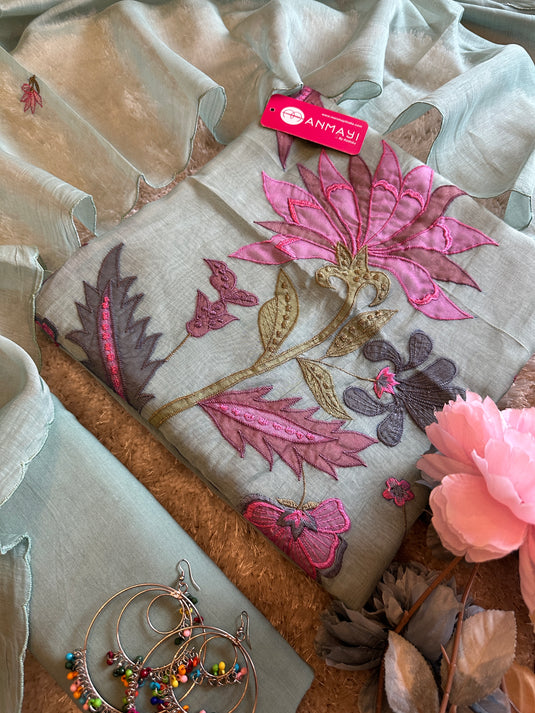 Pure Mul Chanderi suit set with appliqué work