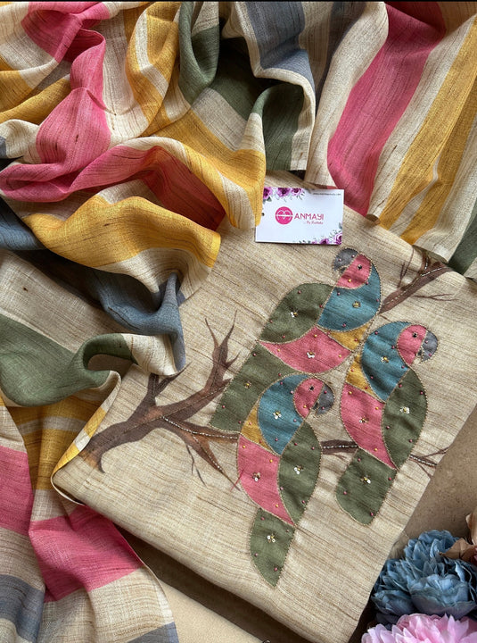 Parrot Khadi look linen suit set with rainbow dupatta