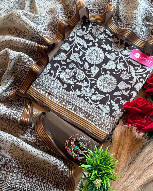 Kalamkari black combination cotton Maheshwari suit set
