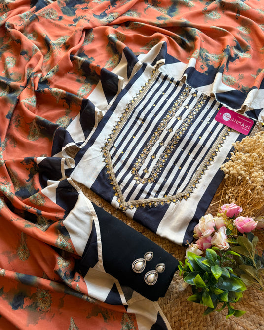 Muslin stripes combination dupatta semi stitched suit set