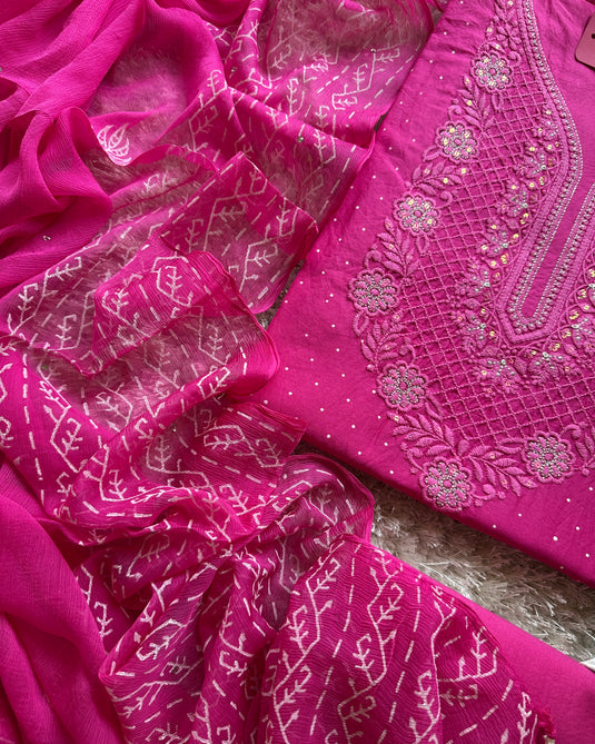 Fuchsia pink lucknawi Chikankari pure cotton suit set with chiffon block print dupatta