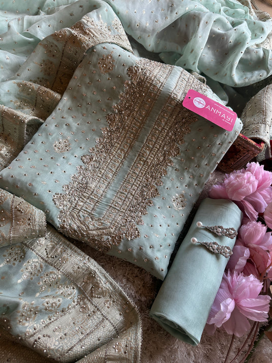 Hand embroidered pure organza banarasi suit set