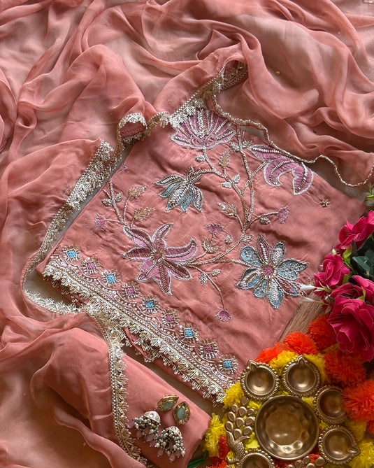 Floral platter embroidered glass organza suit set