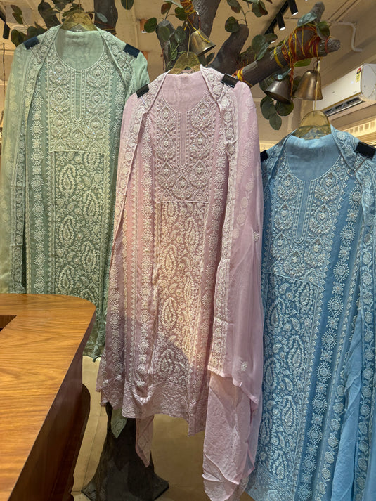 Pure Georgette Lucknawi beads detail suit set