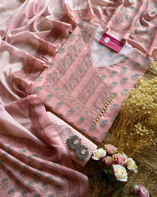 Pure Cotton Angrakha Neck block print cotton suit set