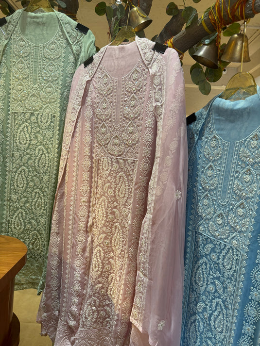 Pure Georgette Lucknawi beads detail suit set