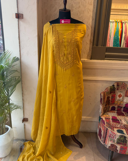 Monochrome French knot work pure mul chanderi suit set