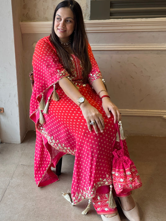 Bandhani ombré gotta work kaftan set with tassels