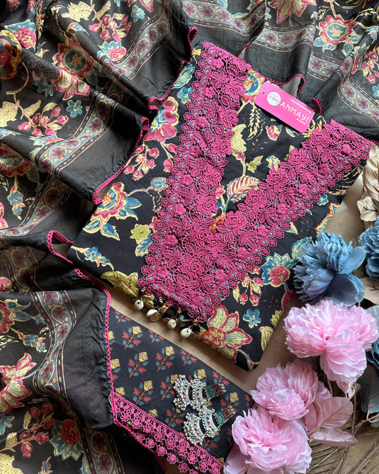 Floral cottons crochet v neck pure cotton suit set