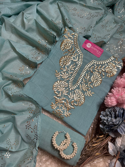 Pita work festive shade suit set with Mukaish dupatta