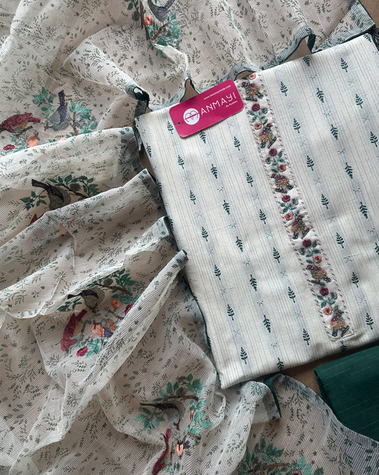 Pure cotton white green combination suit set with embroidered Kota dupatta