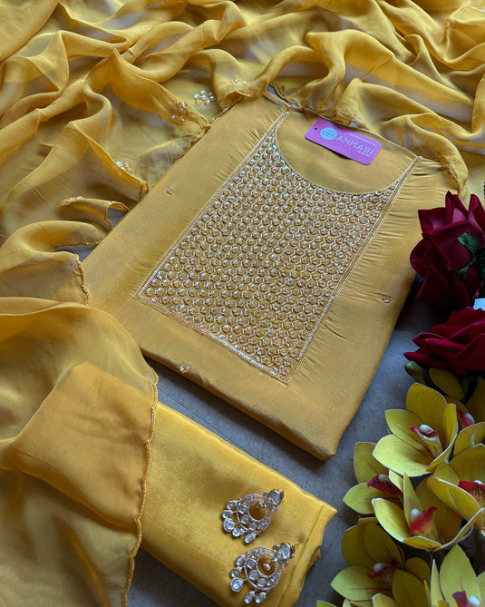 Shimmer tissue embroidered seaquins neck suit set with organza stole