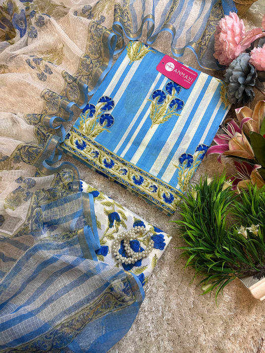 Pure Cotton stripy block print suit with soft Kota dupatta