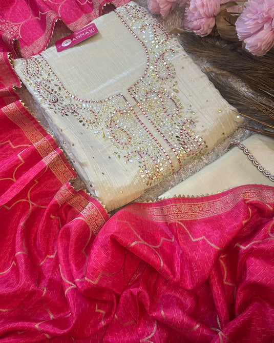Crushed silk Mukaish Kamdani work suit sets with gold weaves silk dupatta