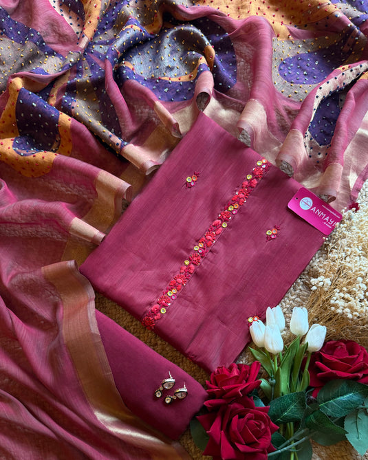 Jamdani Maheshwari mirror work suit set with knot work dupatta