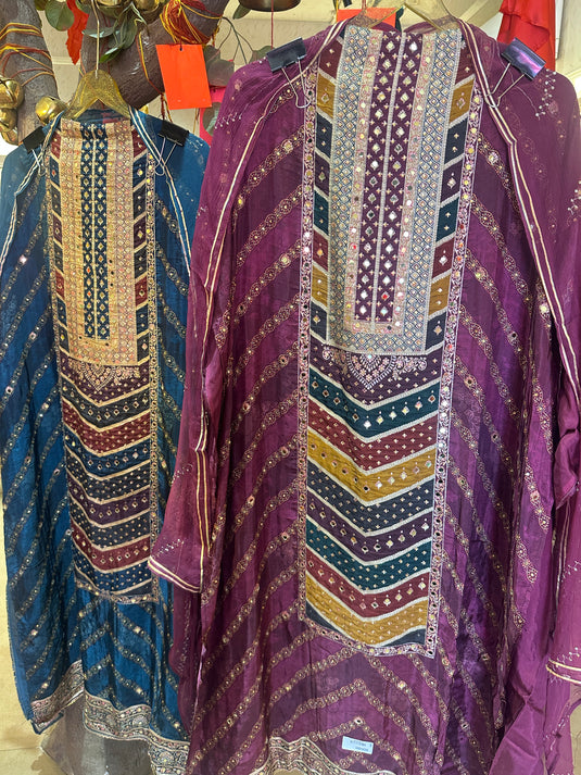 Mirror work zig zag dolla silk suit set