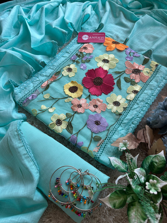 3D floral panel cotton crochet suit set