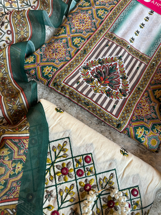 Arabic print cambric cotton suit set with embroidered bottom