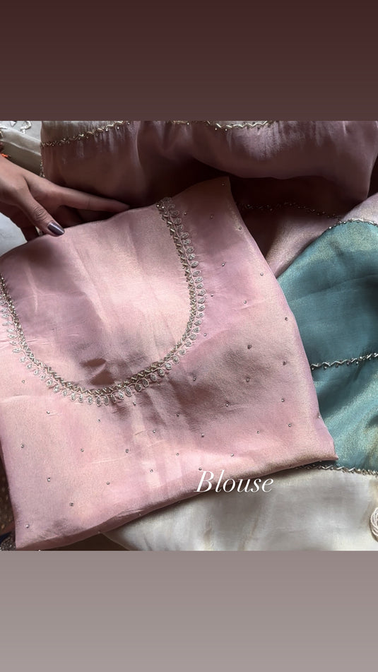 Tri Colour Shimmer Hand Embroidered Saree