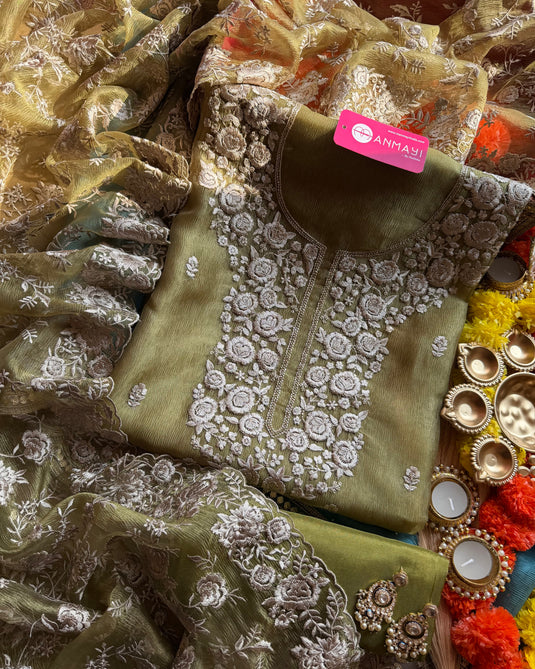 Parsi embroidered crushed silk suit set