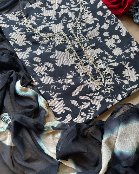 Printed cotton dori neck suit set with shaded chiffon dupatta