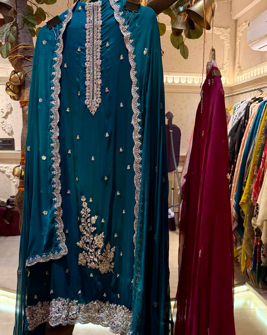 Fine Chinnon embroidered suit set with chiffon dupatta