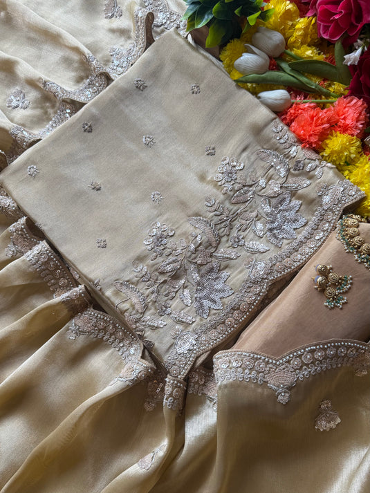 Gold hand embroidered Kanjivaram silk suit set