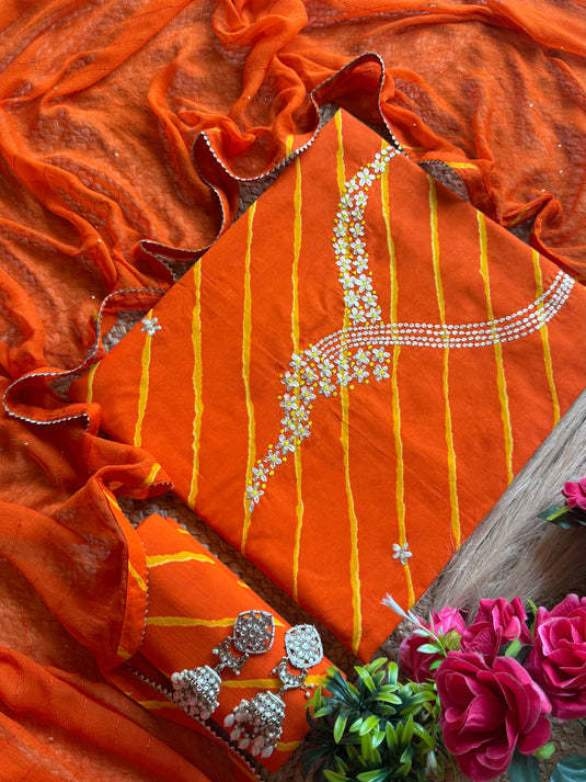 Jewelled pita neck pure cotton lehria print suits with chiffon highlights dupatta