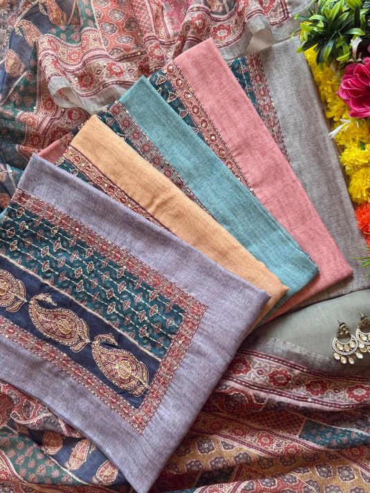 Kairi print Chanderi suit set with Kantha work dupatta