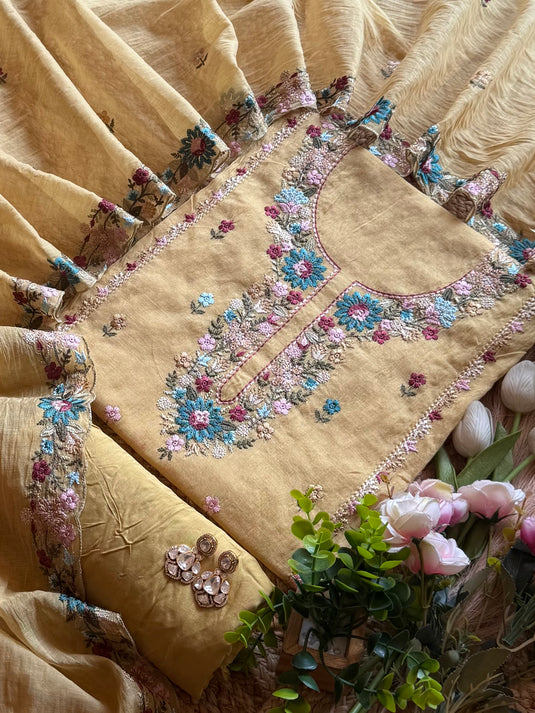 Tiny stitch machine work Mul Chanderi suit set