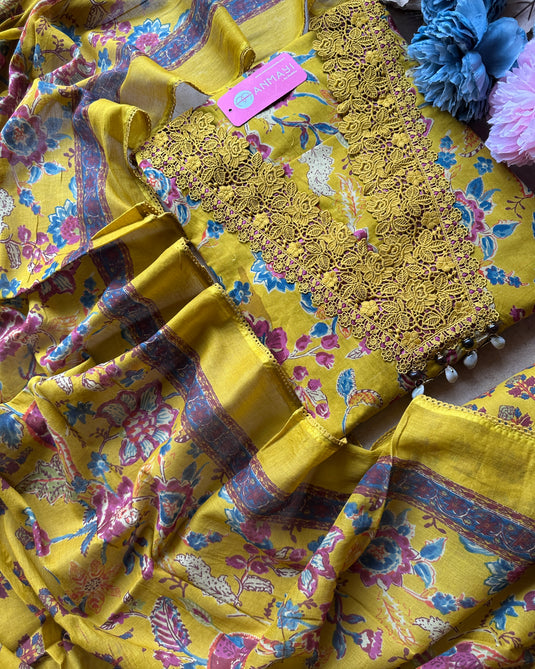 Floral cottons crochet v neck pure cotton suit set