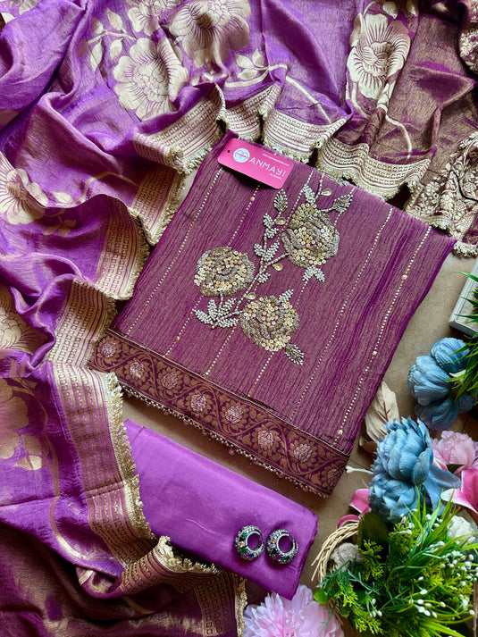 Ombré crushed tissue zardosi work suit set