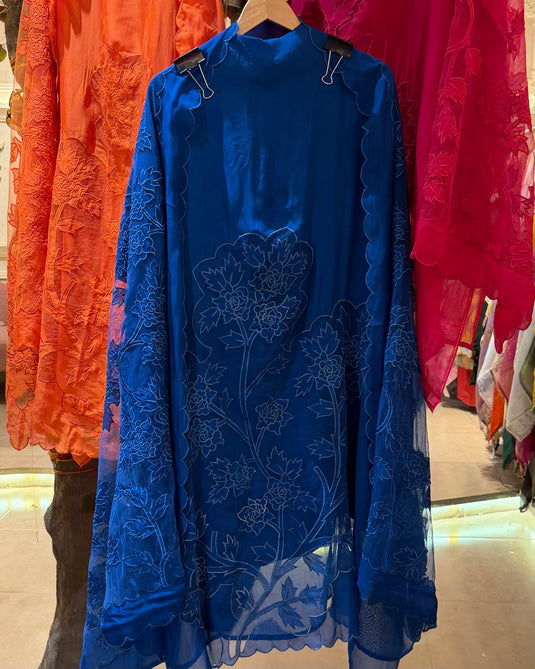 Pure Organza applique work suit set with soft net dupatta