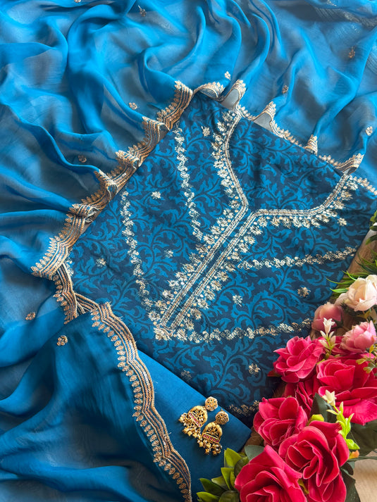 Cobalt Blue wave jacquard silk suit set with organza dupatta