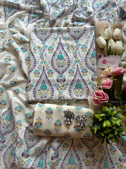 Cream base floral fine Cambric cotton suit set