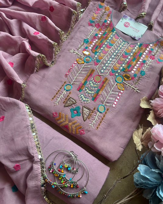 Boho looks mirror work mul chanderi suit set