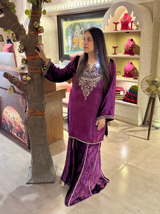 Zareen pure velvet sharara handwork suit set