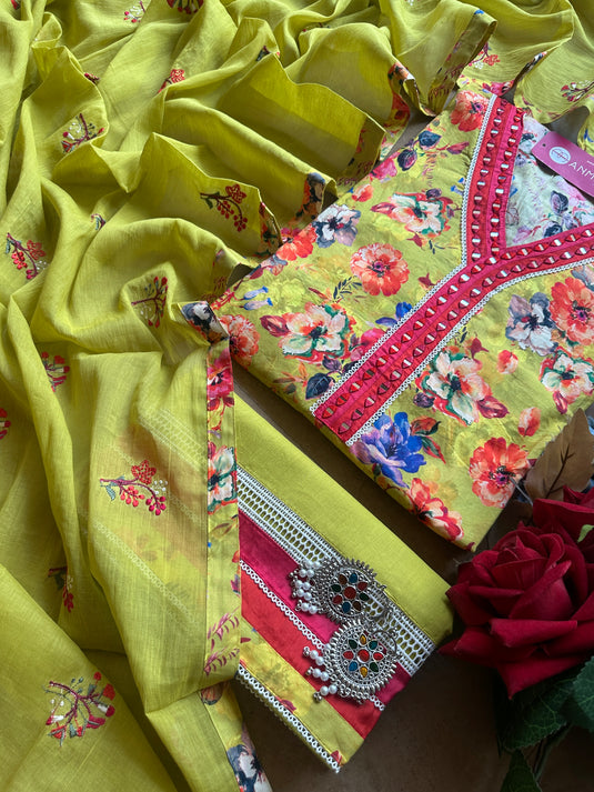 Lime green printed pure cotton suit set with embroidered dupatta