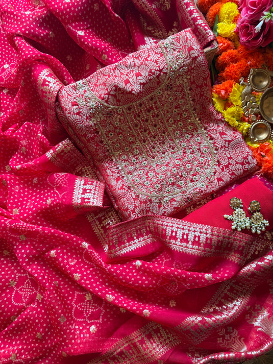 Brocade silk pita pearl work suit set with Banarasi Georgette dupatta